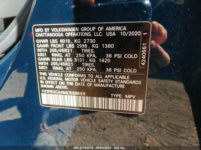 1V2FR2CA4MC539899 Volkswagen Atlas 3.6l V6 Sel Premium