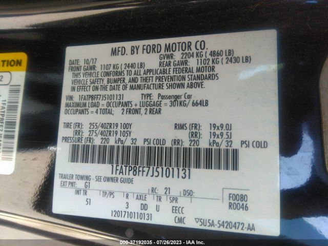 1FATP8FF7J5101131 Ford Mustang Gt Premium