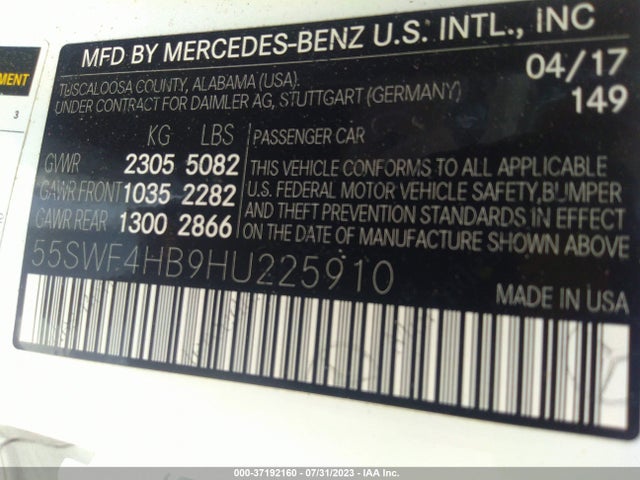 2017 MERCEDES-BENZ C-CLASS C 350E VIN: 55SWF4HB9HU225910