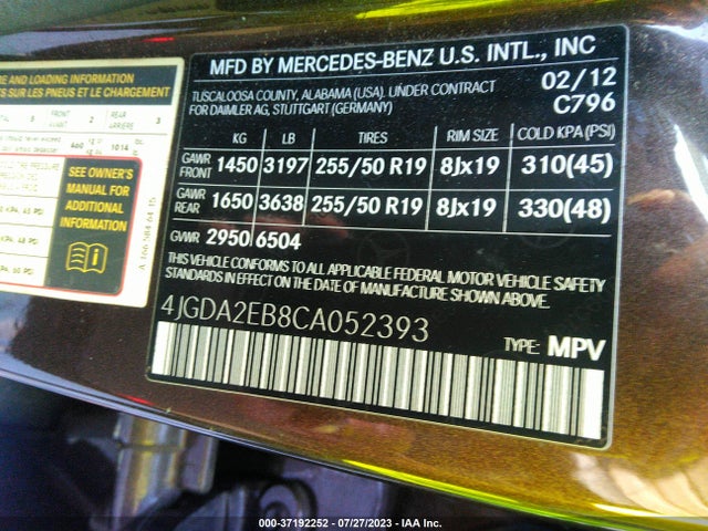 2012 MERCEDES-BENZ M-CLASS ML 350 BLUETEC VIN: 4JGDA2EB8CA052393