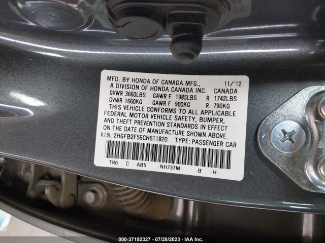 2012 HONDA CIVIC SDN LX VIN: 2HGFB2F56CH611820
