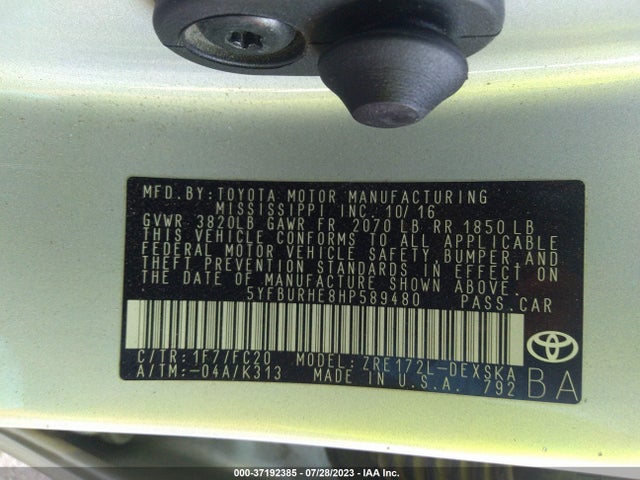 2017 TOYOTA COROLLA SE VIN: 5YFBURHE8HP589480