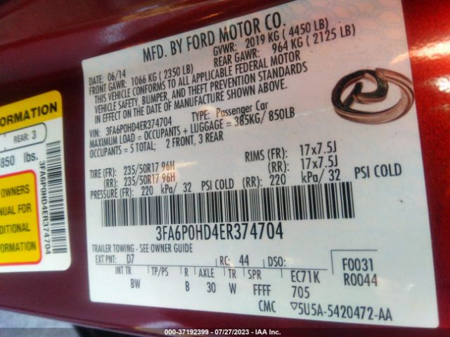 3FA6P0HD4ER374704 Ford FUSION SE