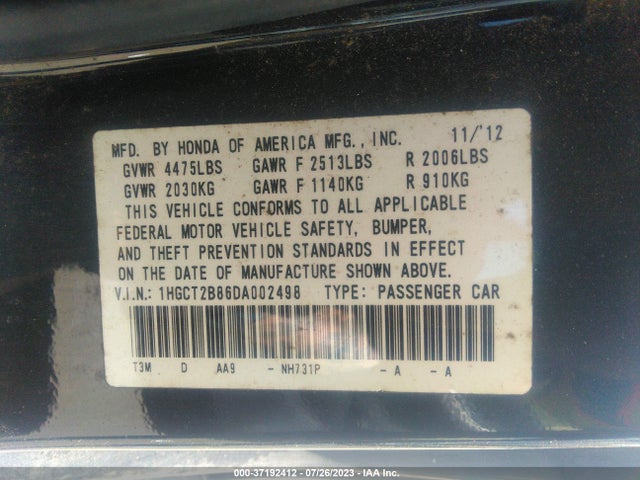 2013 HONDA ACCORD CPE EX-L VIN: 1HGCT2B86DA002498