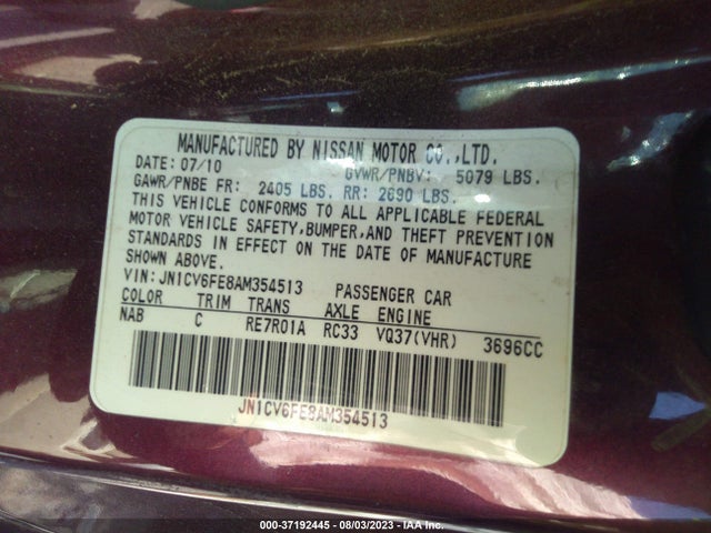 2010 INFINITI G37 CONVERTIBLE BASE VIN: JN1CV6FE8AM354513