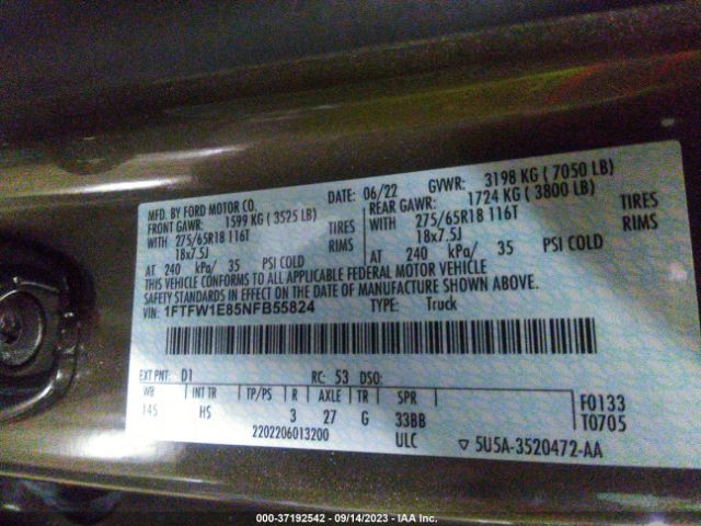 1FTFW1E85NFB55824 Ford F-150 Xl/xlt/lariat