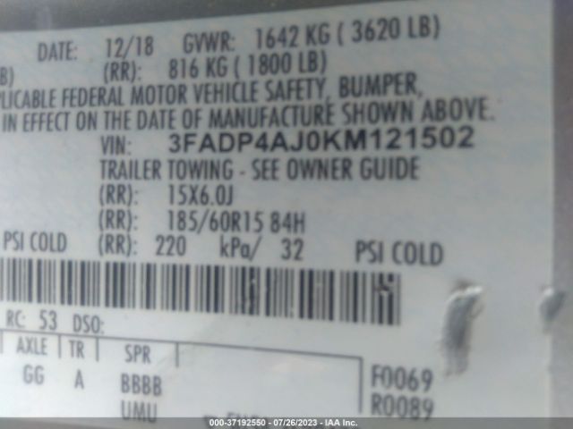 3FADP4AJ0KM121502 Ford FIESTA S