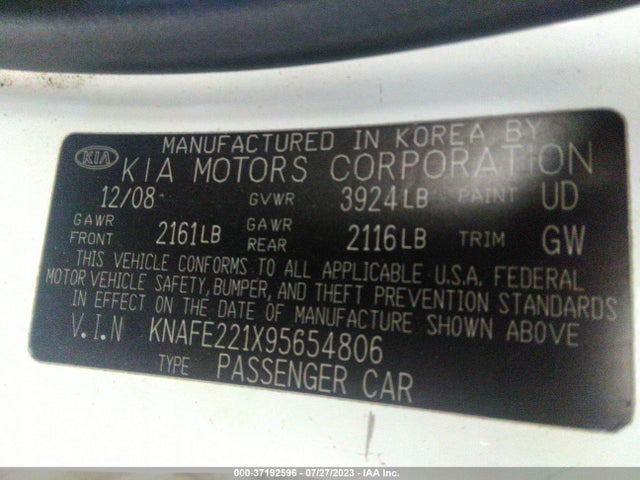 2009 KIA SPECTRA LX VIN: KNAFE221X95654806