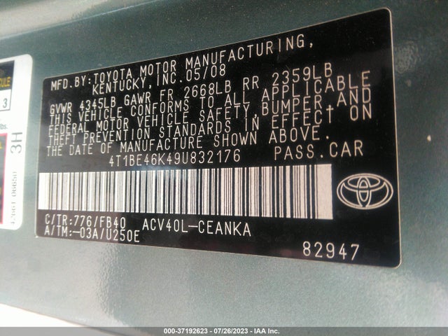 2009 TOYOTA CAMRY VIN: 4T1BE46K49U832176