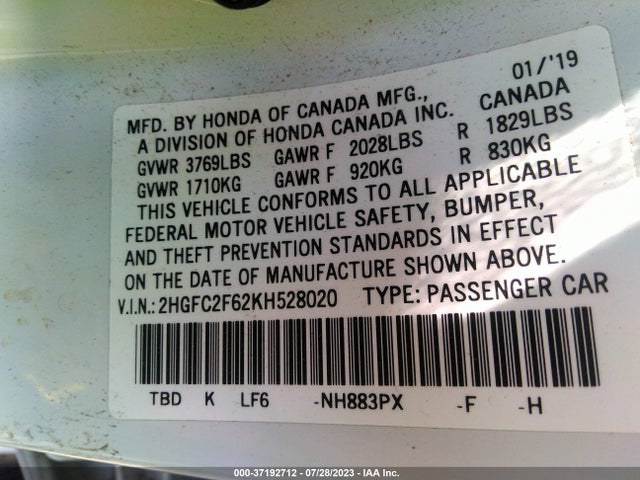 Honda Civic Sedan Lx 2019 2HGFC2F62KH528020 Image 9