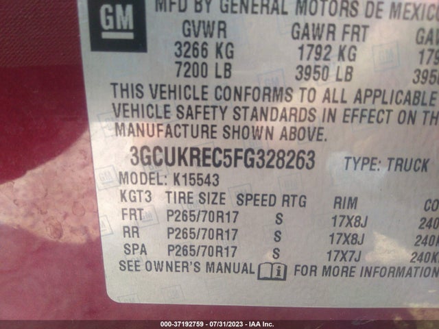 Chevrolet Silverado 1500 Lt 2015 3GCUKREC5FG328263 Image 9