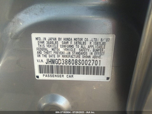 2008 HONDA FIT SPORT VIN: JHMGD38608S002701