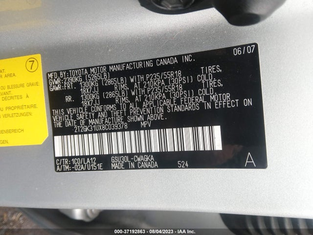 2008 LEXUS RX 350 VIN: 2T2GK31UX8C039378