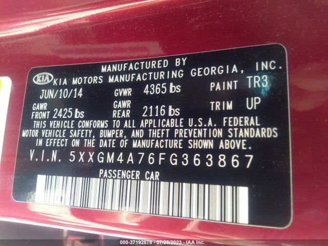 2015 KIA OPTIMA LX VIN: 5XXGM4A76FG363867