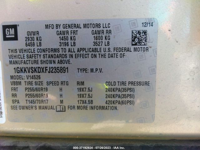 1GKKVSKDXFJ235891 GMC ACADIA SLT