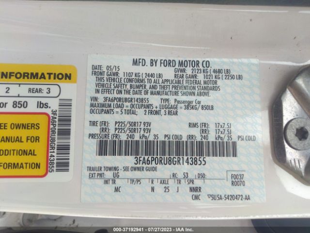 3FA6P0RU8GR143855 Ford Fusion Titanium Hybrid