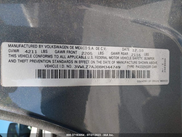 37193054 :رقم المزاد ، 3VWLZ7AJ0BM344749 vin ، 2011 Volkswagen Jetta Sedan Sel W/sunroof Pzev مزاد بيع