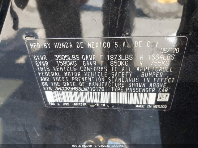 2020 HONDA FIT EX VIN: 3HGGK5H83LM719178