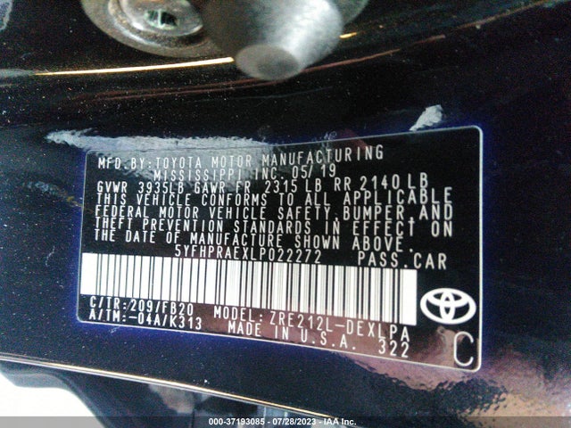 2020 TOYOTA COROLLA VIN: 5YFHPRAEXLP022272