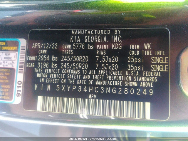 2022 KIA TELLURIDE EX VIN: 5XYP34HC3NG280249