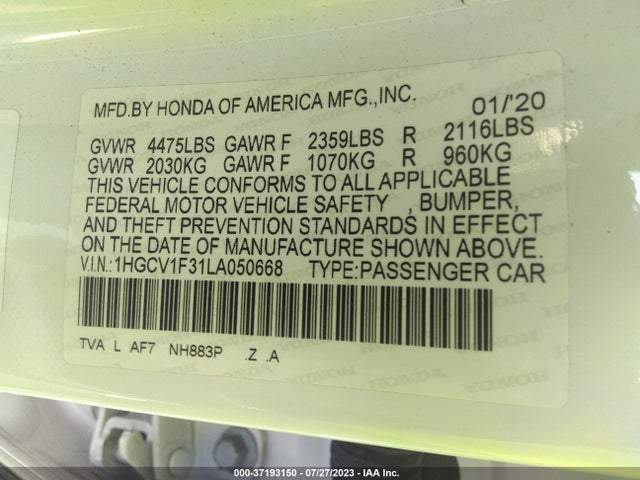 2020 HONDA ACCORD SEDAN SPORT VIN: 1HGCV1F31LA050668