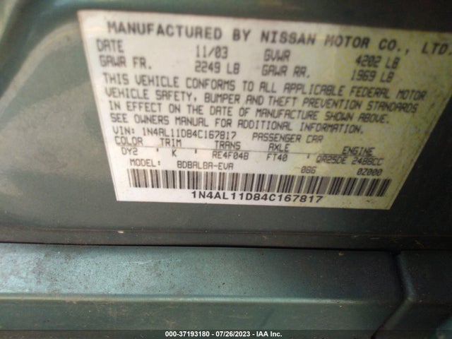 2004 NISSAN ALTIMA VIN: 1N4AL11D84C167817