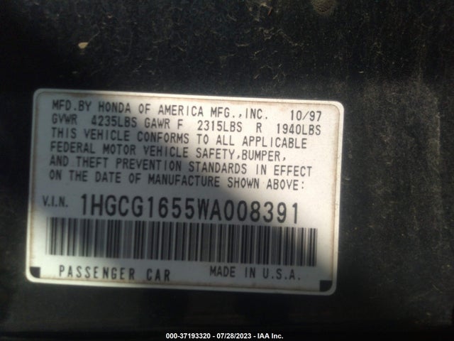 1998 HONDA ACCORD SDN EX VIN: 1HGCG1655WA008391