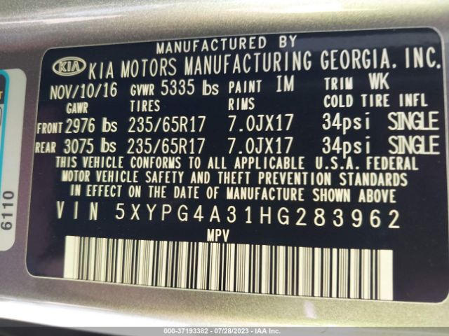 5XYPG4A31HG283962 KIA SORENTO LX