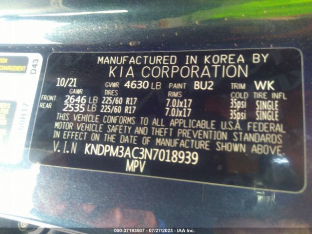 KNDPM3AC3N7018939 KIA Sportage Lx