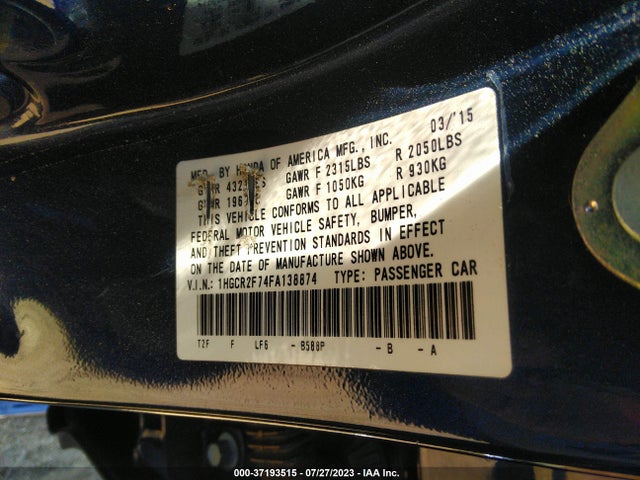 Honda Accord Sedan Ex 2015 1HGCR2F74FA138874 Image 9