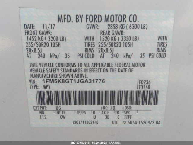 1FM5K8GT1JGA31776 Ford EXPLORER SPORT