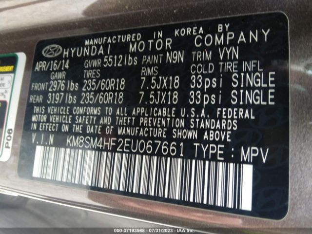 KM8SM4HF2EU067661 Hyundai Santa Fe Gls