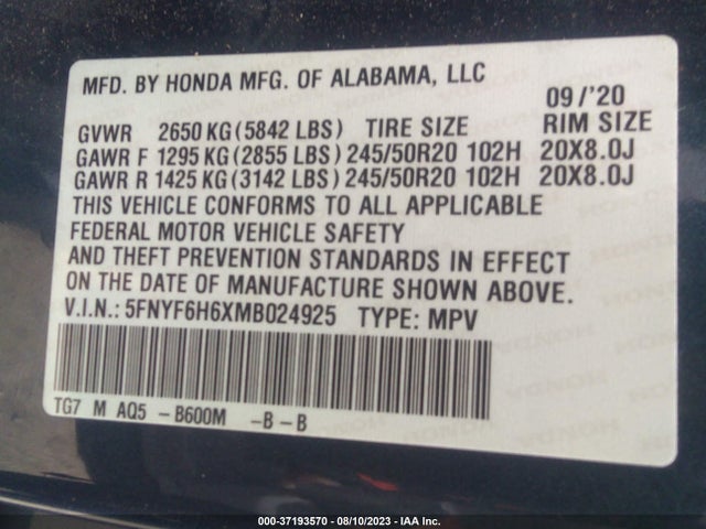 Honda Pilot Touring 7-passenger 2021 5FNYF6H6XMB024925 Image 16