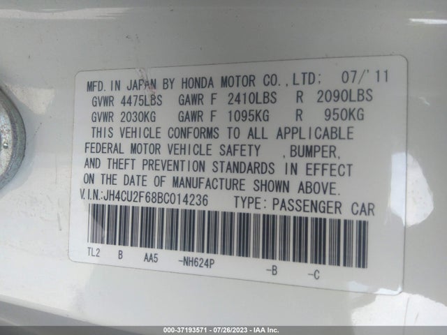 2011 ACURA TSX VIN: JH4CU2F68BC014236