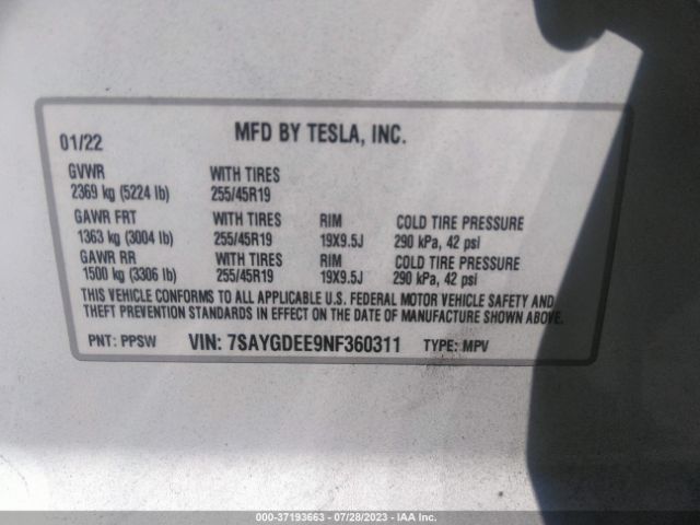 7SAYGDEE9NF360311 Tesla Model Y Long Range