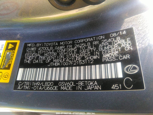 JTHBK1GG7F2153112 Lexus ES 350
