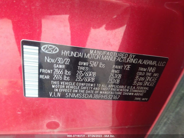 2023 HYUNDAI SANTA FE SEL VIN: 5NMS3DAJ8PH532167