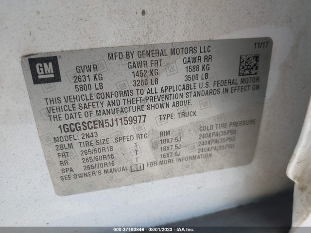 2018 CHEVROLET COLORADO 2WD LT VIN: 1GCGSCEN5J1159977