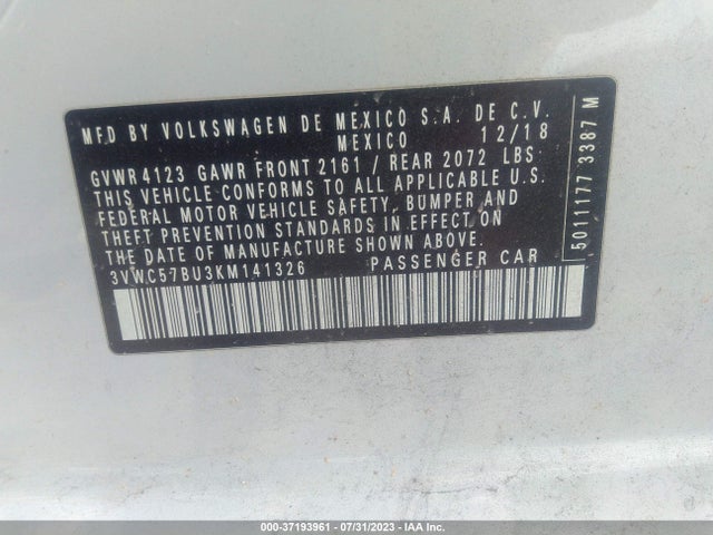 3VWC57BU3KM141326 Volkswagen Jetta S/se/r-line