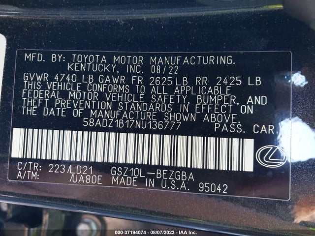 58ADZ1B17NU136777 Lexus Es Es 350