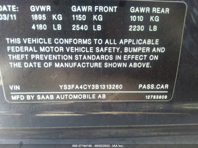 2011 SAAB 9 3 VIN: YS3FA4CY3B1313260