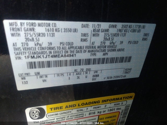 Ford Expedition Max Xlt 2021 1FMJK1JT4MEA84941 Image 9