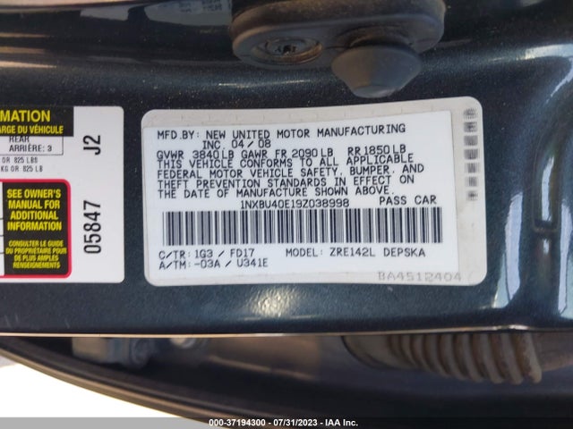 2009 TOYOTA COROLLA VIN: 1NXBU40E19Z038998
