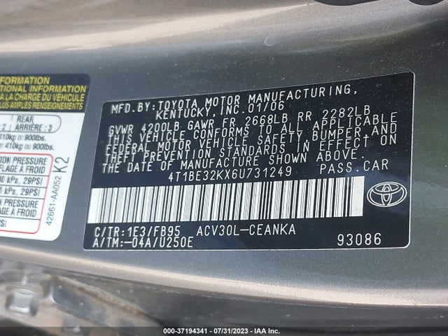 2006 TOYOTA CAMRY STD/LE/SE/XLE VIN: 4T1BE32KX6U731249