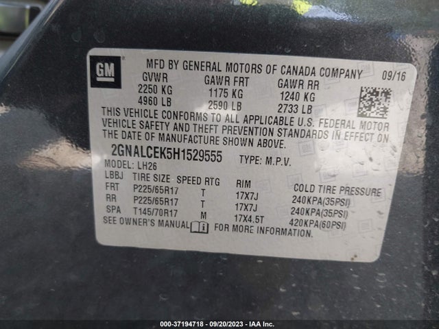 Chevrolet EQUINOX LT 2017 2GNALCEK5H1529555 Image 9