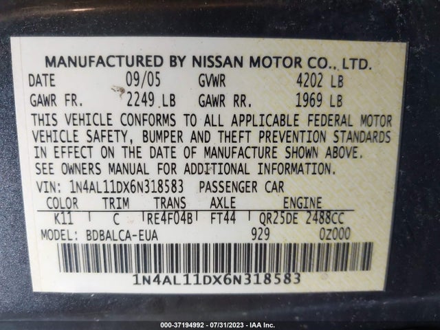 2006 NISSAN ALTIMA 2.5 S VIN: 1N4AL11DX6N318583