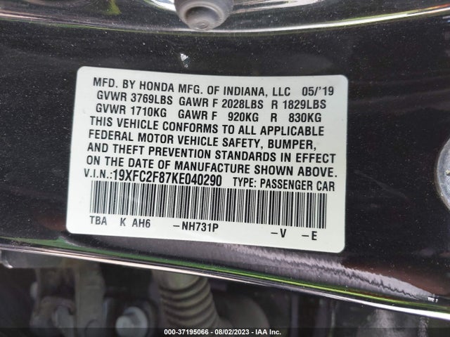 2019 HONDA CIVIC SEDAN SPORT VIN: 19XFC2F87KE040290