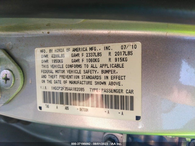2010 HONDA ACCORD SDN LX VIN: 1HGCP2F35AA182085