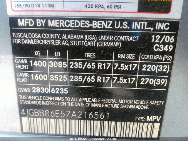Продаж на аукціоні авто 2007 Mercedes-benz M-class 3.5l, vin: 4JGBB86E57A216561, номер лоту: 37195329