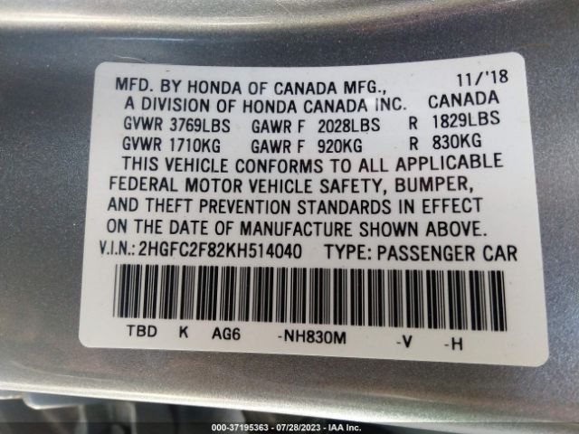 2HGFC2F82KH514040 Honda Civic Sedan Sport